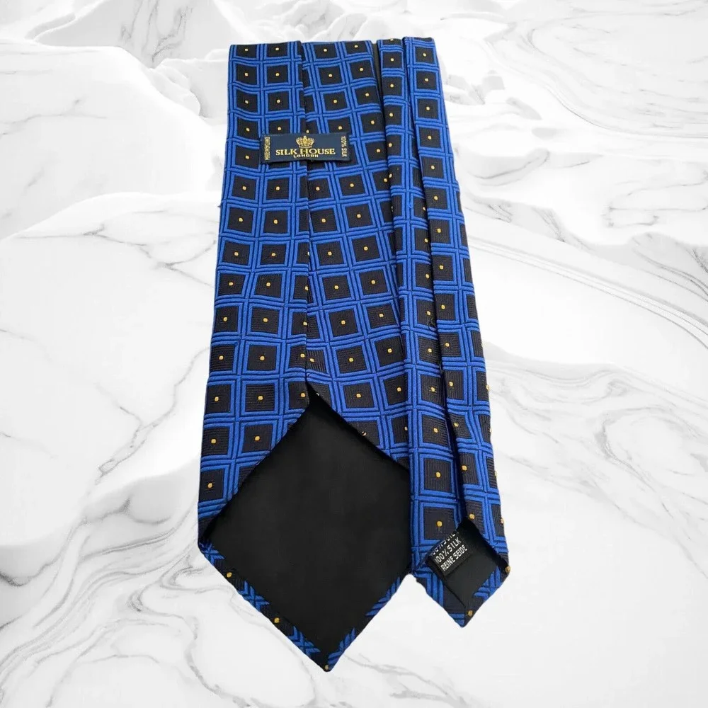Silk House London Men's Blue Gold Geometric Necktie Made In England L 60